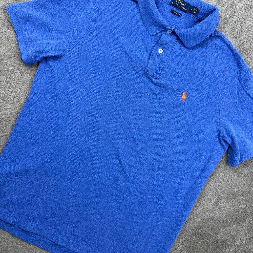 Polo Ralph Lauren Polo Shirt Mens Medium Blue Good Classic Fit Orange Pony Logo